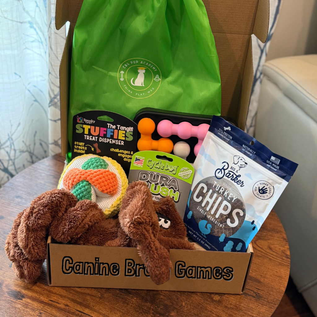 Canine Brain Games subscription box with various dog toys and treats