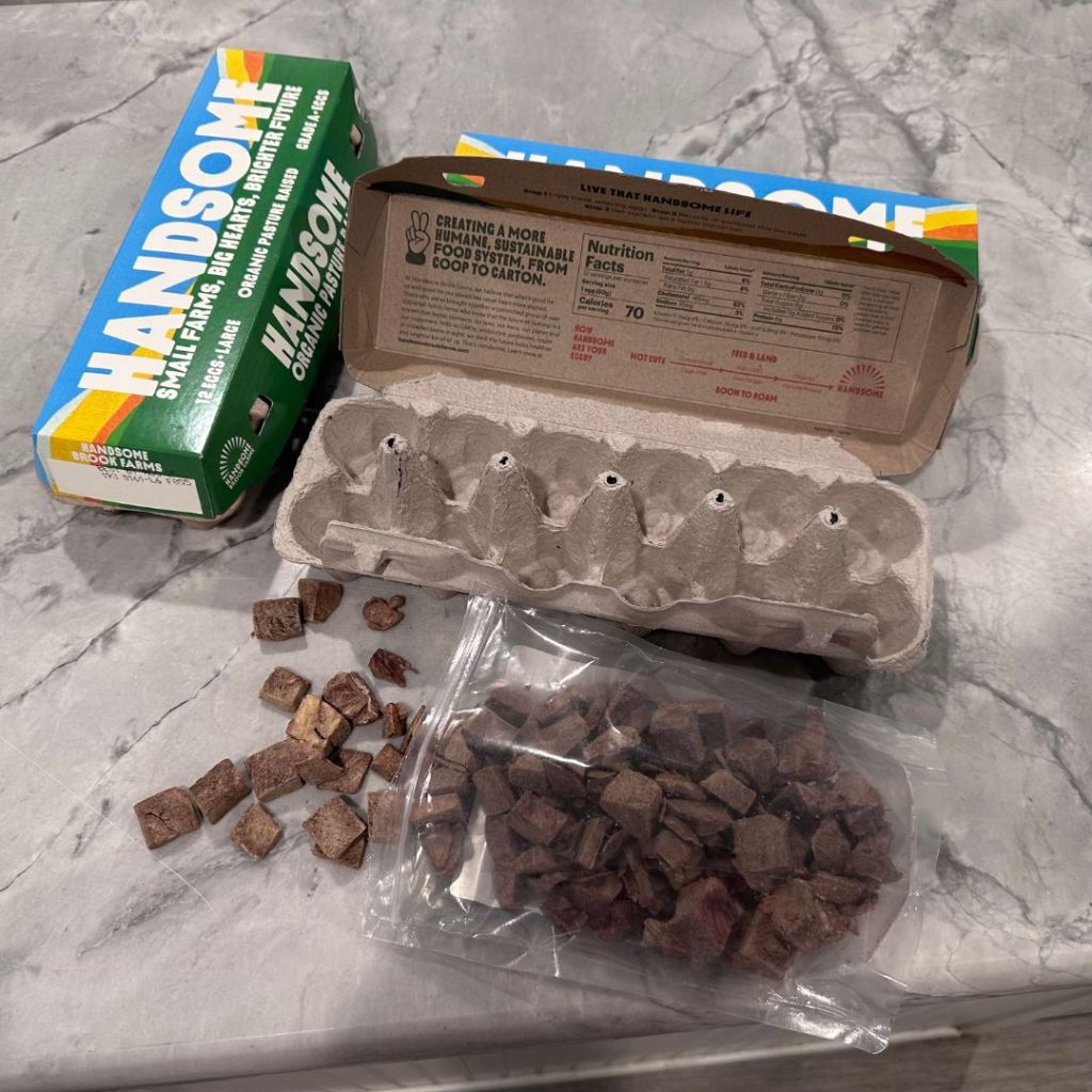 An empty egg carton on a marble countertop, with some dog treats scattered around and a bag of kibble nearby, showcasing materials for a DIY dog enrichment toy.