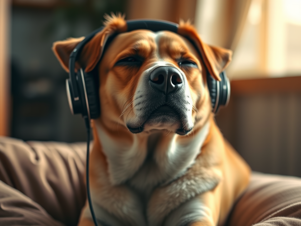 A dog relaxing with headphones on, listening to sound enrichment for dogs.