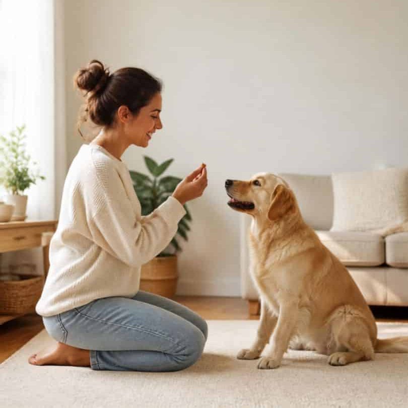 happy dog sitting with guardian